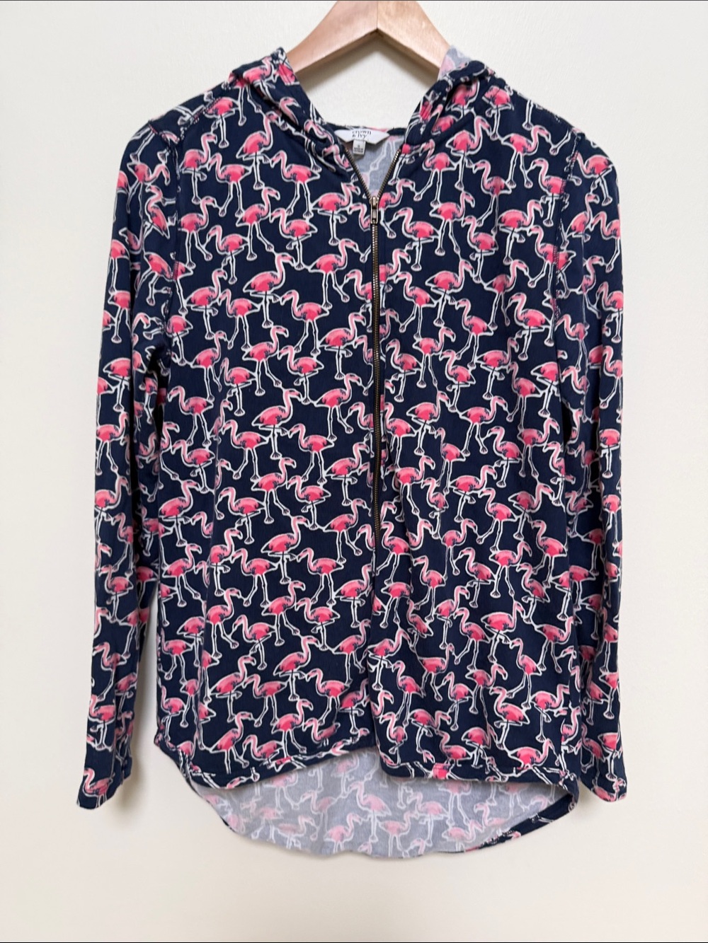 crown & ivy Navy Zip Hoodie with Pink Flamingo Print